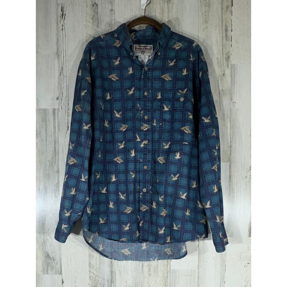 Wrangler Rugged Wear Mens Button Up Shirt Size Large Duck Hunting Drake Outdoors - Picture 1 of 6